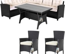 8 Person Polyrattan Corner Lounge, WPC Dining Table Corner Bench, 2 Garden Chairs, 15 cm Cushion, 7 cm Cushions, Weatherproof Outdoor Garden Furniture Set