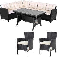 8 Person Polyrattan Corner Lounge, WPC Dining Table Corner Bench, 2 Garden Chairs, 15 cm Cushion, 7 cm Cushions, Weatherproof Outdoor Garden Furniture Set