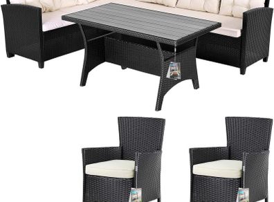 8 Person Polyrattan Corner Lounge, WPC Dining Table Corner Bench, 2 Garden Chairs, 15 cm Cushion, 7 cm Cushions, Weatherproof Outdoor Garden Furniture Set