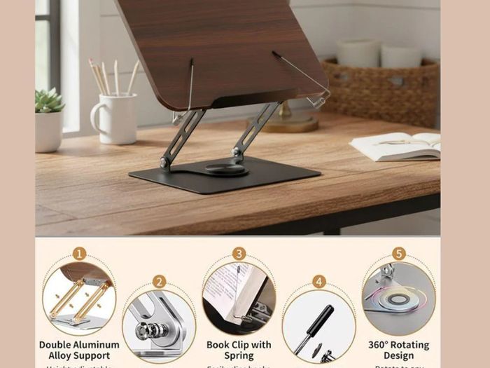 Desktop Reading Stand with 360 Rotating Base - Wooden & Aluminium
