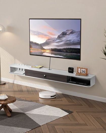 Floating TV Stand 180 cm in Wall Mount Entertainment Center with Cable Hole, Modern Floating TV Shelf with Storage Cabinet, Particle Board Console for DVD Player, Cable Box, Game Console, White