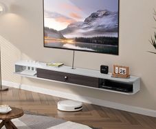 Floating TV Stand 180 cm in Wall Mount Entertainment Center with Cable Hole, Modern Floating TV Shelf with Storage Cabinet, Particle Board Console for DVD Player, Cable Box, Game Console, White