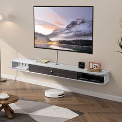 Floating TV Stand 180 cm in Wall Mount Entertainment Center with Cable Hole, Modern Floating TV Shelf with Storage Cabinet, Particle Board Console for DVD Player, Cable Box, Game Console, White