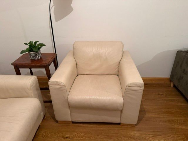 2 Seater White Leather Sofa Bed, Fold-Out Mattres and Armchair