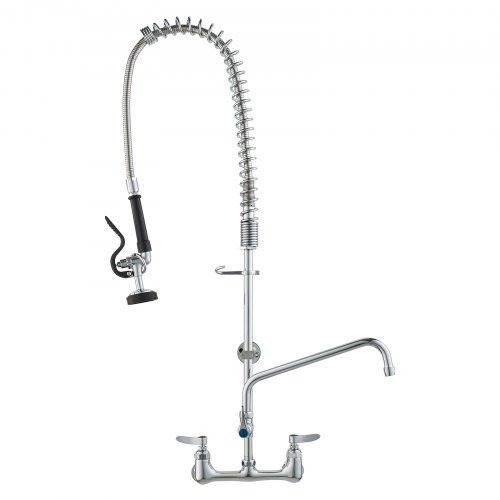 Faucet with Pre-Rinse Sprayer, 36" (91.4 cm) Height, 8" (20.3 cm) Center, 12" (30.5 cm) Swing Spout, Wall Mount Kitchen Sink Faucet, Brass Constructed Device with Pull Down Spray, for 1/2/3 Compartment Sink