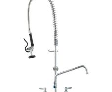 Faucet with Pre-Rinse Sprayer, 36" (91.4 cm) Height, 8" (20.3 cm) Center, 12" (30.5 cm) Swing Spout, Wall Mount Kitchen Sink Faucet, Brass Constructed Device with Pull Down Spray, for 1/2/3 Compartment Sink