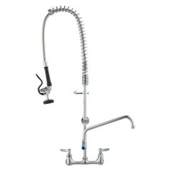 Faucet with Pre-Rinse Sprayer, 36" (91.4 cm) Height, 8" (20.3 cm) Center, 12" (30.5 cm) Swing Spout, Wall Mount Kitchen Sink Faucet, Brass Constructed Device with Pull Down Spray, for 1/2/3 Compartment Sink