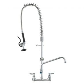 Faucet with Pre-Rinse Sprayer, 36" (91.4 cm) Height, 8" (20.3 cm) Center, 12" (30.5 cm) Swing Spout, Wall Mount Kitchen Sink Faucet, Brass Constructed Device with Pull Down Spray, for 1/2/3 Compartment Sink