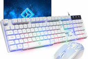 Raptor White Gaming Keyboard And Mouse Set With Large Mouse Pad, Rainbow LED Illustrated Keys, USB Wired Desktop Combo, UK Layout, For Desktop PC, Laptop, PS4, PS5, Xbox One