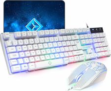 Raptor White Gaming Keyboard And Mouse Set With Large Mouse Pad, Rainbow LED Illustrated Keys, USB Wired Desktop Combo, UK Layout, For Desktop PC, Laptop, PS4, PS5, Xbox One