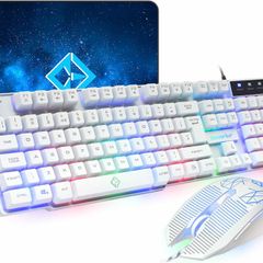 Raptor White Gaming Keyboard And Mouse Set With Large Mouse Pad, Rainbow LED Illustrated Keys, USB Wired Desktop Combo, UK Layout, For Desktop PC, Laptop, PS4, PS5, Xbox One