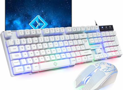 Raptor White Gaming Keyboard And Mouse Set With Large Mouse Pad, Rainbow LED Illustrated Keys, USB Wired Desktop Combo, UK Layout, For Desktop PC, Laptop, PS4, PS5, Xbox One