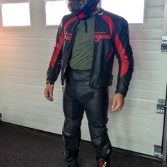Full Motorcycle protection leather two piece suit,  helmet and boots.