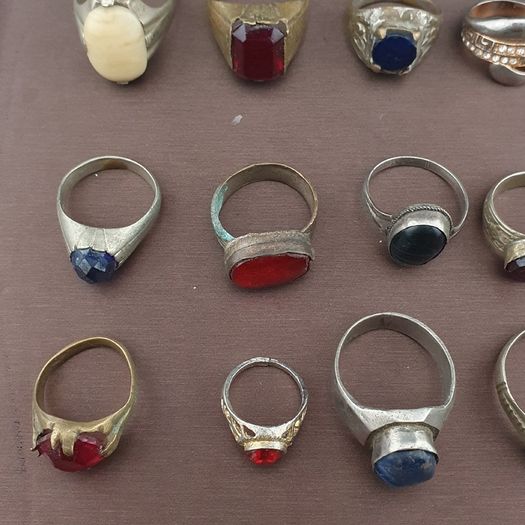 Antique Lot of 15 Handmade Brass Rings Mixed Gemstone & Glass Designs