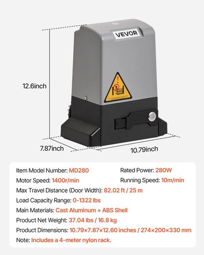 Automatic Gate Opener, 280W Electric Sliding Gate Opener for Doors up to 25m 816kg, Nylon Gear Rack Rolling Door Motor with Infrared Sensor & 2 Remote Controls, Driveway Gates Opening System