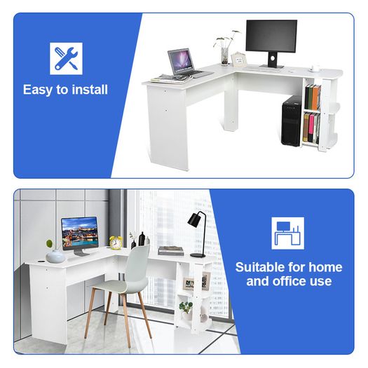 _Utility Wooden Office Computer Writing Desk Home Gaming PC Furnitur L-Shape Corner Study Computer Table With Book Shelf (white)