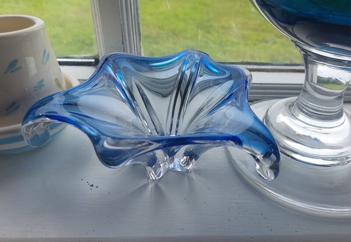 Fabulous Pair of Two Vintage Small Hand-Blown Art Glass Pieces in Shades of Bright Blue and Cornflower Blue, Sold as a Pair