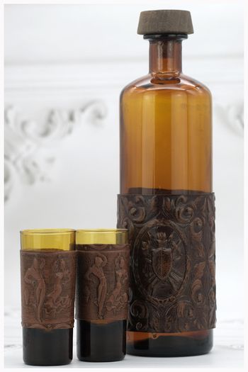 Vintage Amber Glass Decanter Glasses Set