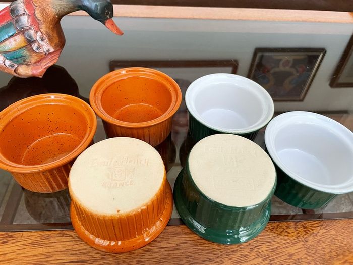 Vintage Mixed Set Emile Henry Ramekins Brown and Green Ribbed Oven to Tableware Set of 6 1980s 2000s