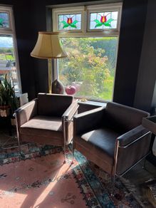 Pair of Le Corbusier Style Armchairs Chrome & Brown Nubuck Upholstery