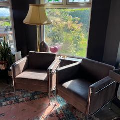Pair of Le Corbusier Style Armchairs Chrome & Brown Nubuck Upholstery