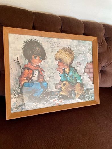 Vintage Teak Framed Certified Art print behind Glass Big Eye Art The Dropouts by Michael Thomas 1969