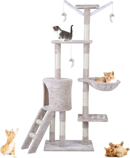 143cm Cat Scratch Posts Multi-Level Stable Cat Climbing Tower Cat Activity Trees with Ladder, Indoor Pet Activity Furniture Play House for Kitty Kitten