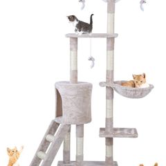 143cm Cat Scratch Posts Multi-Level Stable Cat Climbing Tower Cat Activity Trees with Ladder, Indoor Pet Activity Furniture Play House for Kitty Kitten