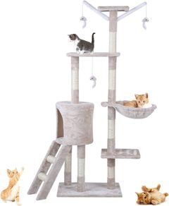 143cm Cat Scratch Posts Multi-Level Stable Cat Climbing Tower Cat Activity Trees with Ladder, Indoor Pet Activity Furniture Play House for Kitty Kitten