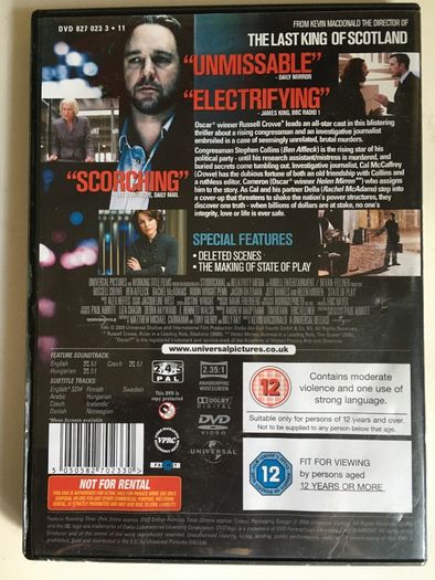 State Of Play [2009] Russell Crowe, Ben Affleck, Rachel McAdams & Helen Mirren [Movie DVD]