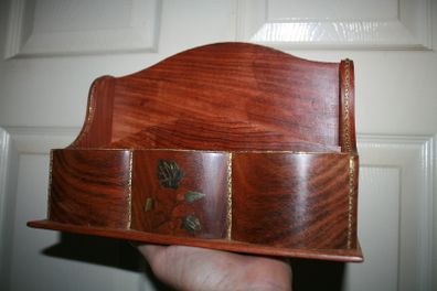 Vintage Letter Holder Handmade Wooden Paper Rack with Moorish Brass Inlays Office Desk Organiser 10,4" x 4" H-7"
