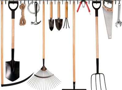 Garden Tool Rack Garage Tool Organizer Wall Mount Garden Tool Holder Yard Tool Hangers Organizer Heavy-Duty Hook Wall Storage Rack Holds Garden Tools, Shovels, Rakes, Hoses, Ropes (64 inches/160cm)