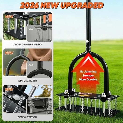 Lawn Aerator Tool, Lawn Aerator with 15 Iron Spikes, Automatic Leaf and Dirt Cleaning with Spring-Loaded Design, Metal Manual Aerator for Loosening Soil Aerating Patio, Yard, Garden