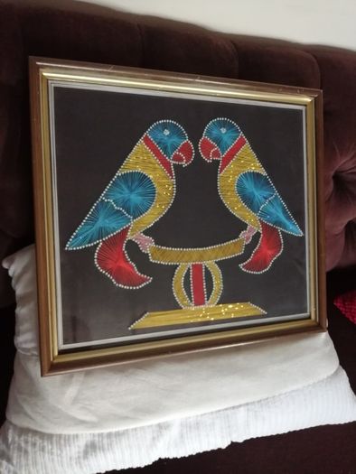 Good sized Vintage Framed String Art Two Love Birds