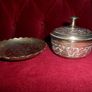 Vintage Brass Ornamental Indian Spice Jar with Silver Plated Inlay& Tray Stand Image 2