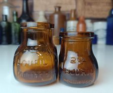 486 - Set of 2 Vintage Brown Amber Glass Cork Top Collectible Decorative Bovril Bottles