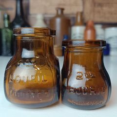 486 - Set of 2 Vintage Brown Amber Glass Cork Top Collectible Decorative Bovril Bottles