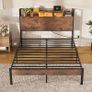 4ft6 Double Bed Frame with Storage Wooden Headboard, LED Light & Charging Station, Platform Metal Bed Frame Double with Underbed Storage, Strong Metal Slat Support Image 9