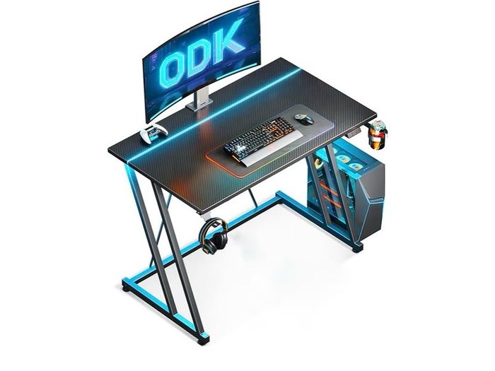 Gaming Table with Cup Holder and Headphone Hook, Double Z Frame Design Computer Desk Carbon Fiber Black 80 cm