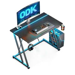 Gaming Table with Cup Holder and Headphone Hook, Double Z Frame Design Computer Desk Carbon Fiber Black 80 cm