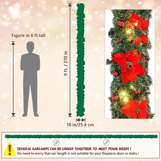 MASSIVE SALE 9FT Christmas Garland Decorations, 2.7M Wreath Garlands Decorations Xmas for Fireplaces Stairs, Christmas Garlands with Lights, Red Flower and Red Ball, Holiday, Wedding Party Decoration