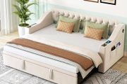 Velvet Sofa Bed 90 x 190 cm with Pull-Out Bed, USB-C Connection, LED Lighting &amp; Storage Space - Modern Day Bed for Living Room, Guest Room &amp; Teenagers Room Beige3