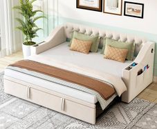 Velvet Sofa Bed 90 x 190 cm with Pull-Out Bed, USB-C Connection, LED Lighting & Storage Space - Modern Day Bed for Living Room, Guest Room & Teenagers Room Beige3
