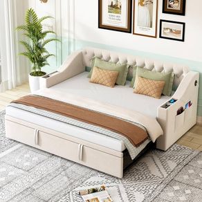 Velvet Sofa Bed 90 x 190 cm with Pull-Out Bed, USB-C Connection, LED Lighting & Storage Space - Modern Day Bed for Living Room, Guest Room & Teenagers Room Beige3
