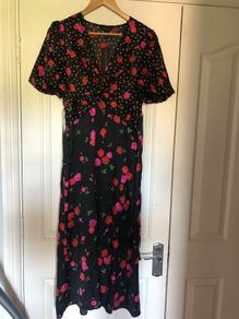 brand new new look black satin midi dress with rose detail