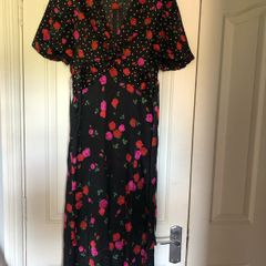 brand new new look black satin midi dress with rose detail