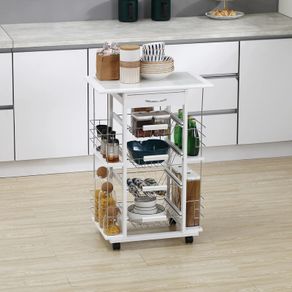 Multi-storage kitchen service cart on casters 4 metal baskets drawer + 4 bottle racks pine wood white tiled top