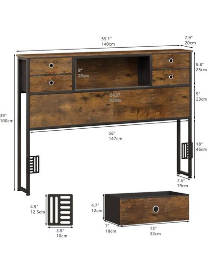 Double Bed Headboard with Storage, Freestanding Headboard with 4 Fabric Drawers & Shelves, Adjustable Bed Frame Connectors, Bedroom Storage Headboard