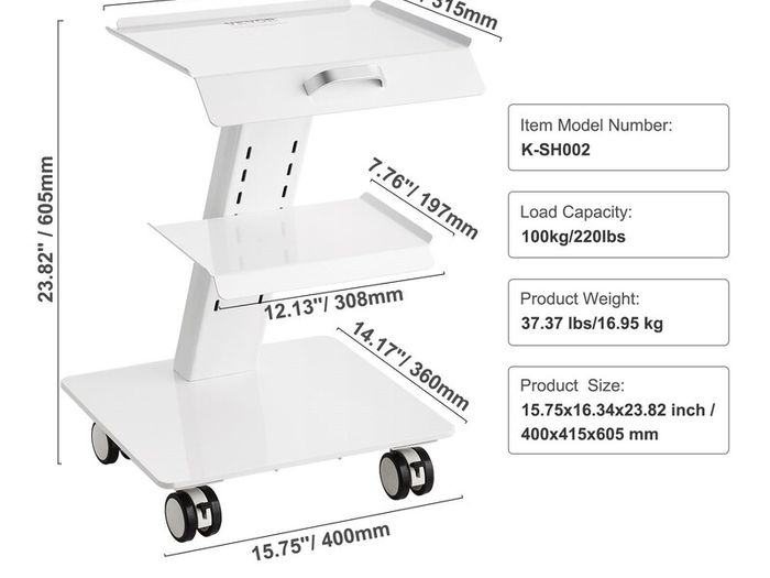 Laboratory Cart, 3-Layer Laboratory Cart with Wheels, Mobile Metal Cart with Swivel Castors, Serving Cart Clinic Cart with Tray and 100 kg Load Capacity, for Laboratory, Clinic, Beauty Salon