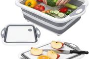 Washing Up Bowl with Integrated Chopping Board 3 in 1 Foldable Vegetable Basket, Basin Tub with Drain, Silicone Cutting Board &amp; Multifunctional Dish Tub for Kitchen and Camping, Grey